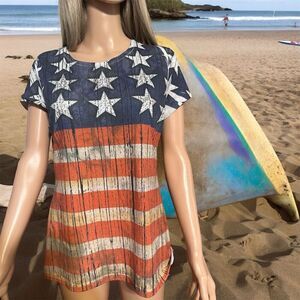 Big Bang Distressed American Flag 4th of July Rhinestone Stars T-Shirt